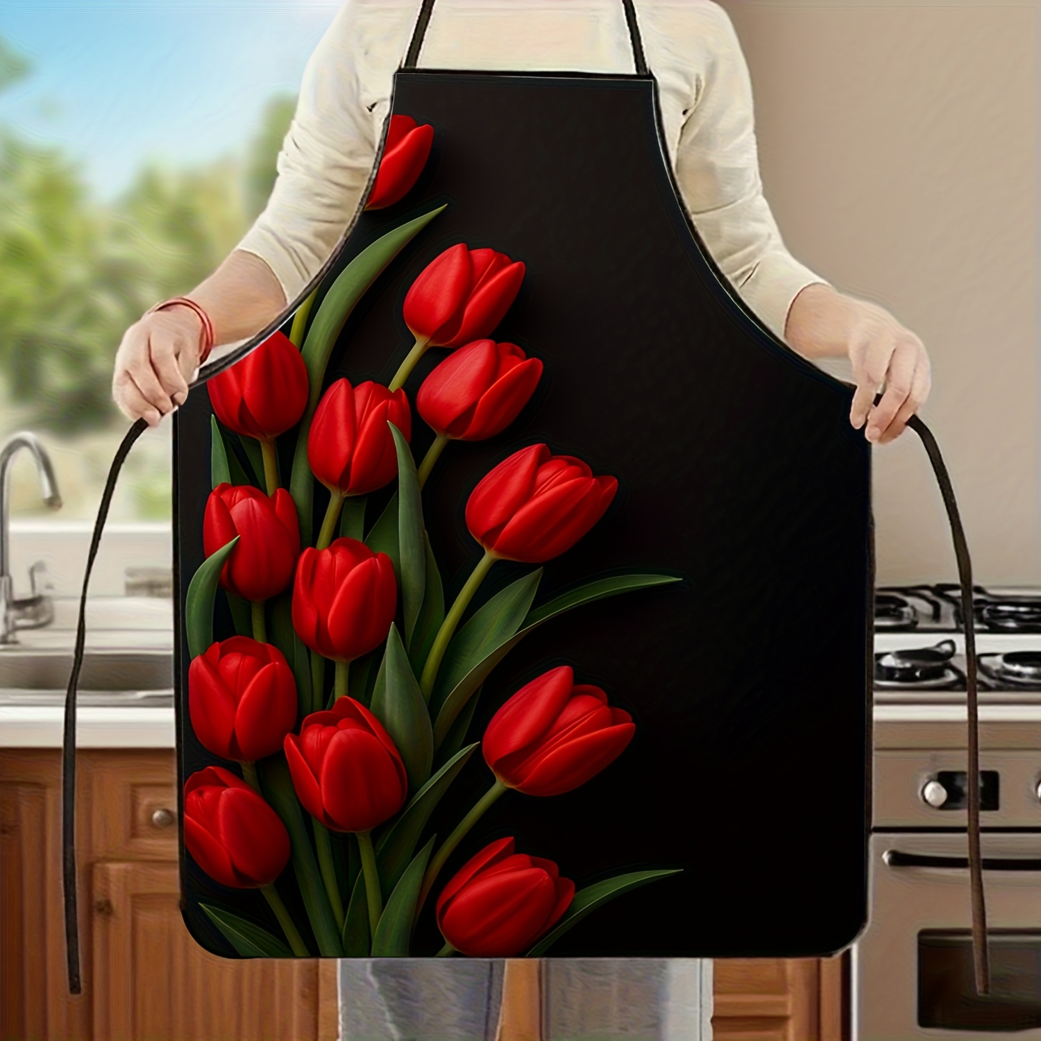 Kitchen Baking Background - 1pc Red Tulip Flower Apron Black