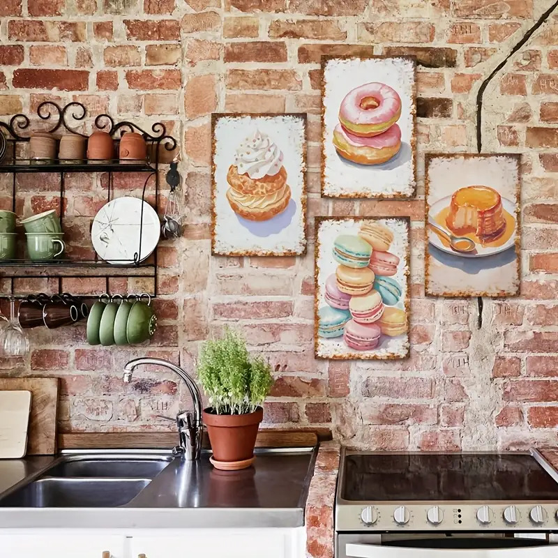 Kitchen Baking Wall Art - 2D Flat, 4pcs Dessert Baking Wall